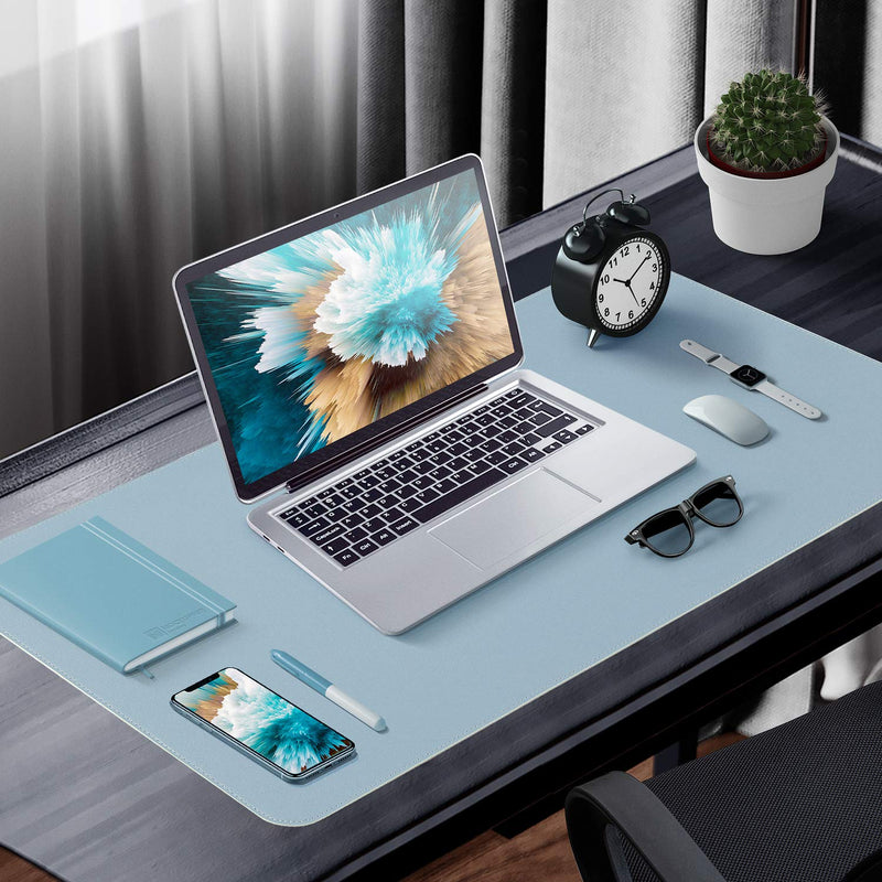 Dual-Sided Desk Pad Office Desk Mat, EMINTA Ultra Thin Waterproof PU Leather Mouse Pad Desk Blotter Protector, Desk Writing Mat for Office/Home (Light Blue/Silver, 31.5" x 15.7") Light Blue/Sliver 31.5" x 15.7" - LeoForward Australia