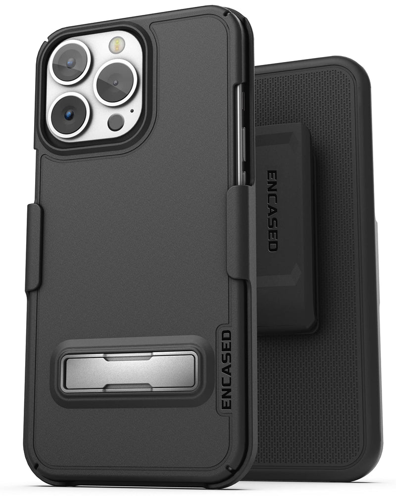  [AUSTRALIA] - Encased Belt Case Designed for iPhone 13 PRO MAX Case with Metal Kickstand and Slimline Holster Clip (Matte Black)