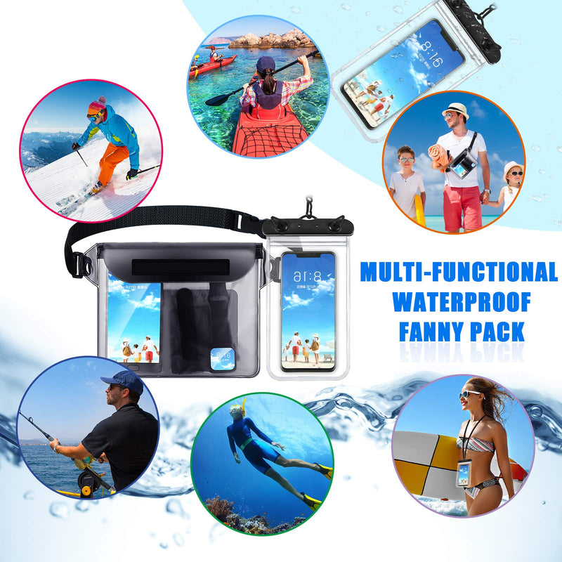  [AUSTRALIA] - 2 Pieces Waterproof Phone Pouch Universal Cellphone Case and 2 Waterproof Fanny Pack with Waist Strap Screen Touchable Dry Bag for Swimming Snorkeling Boating (Clear Black, Black) Clear Black, Black