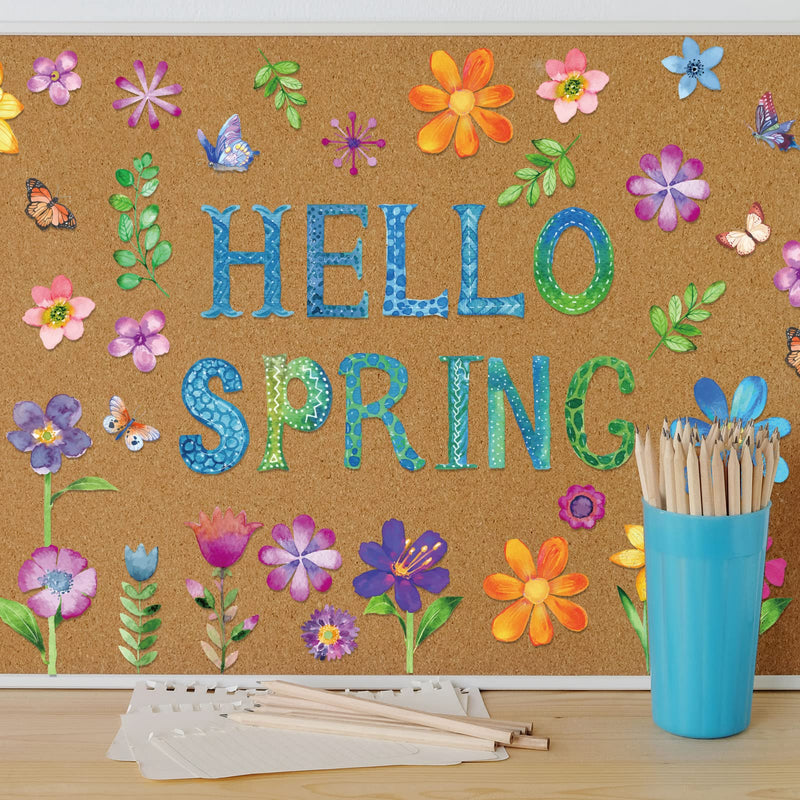  [AUSTRALIA] - Whaline 47Pcs Hello Spring Cut-Outs Spring Floral Cut Outs with 100Pcs Glue Points Colorful Flower Plants Paper Patterned Cut-Outs Bulletin Board Decoration for School Classroom Game Party Supplies
