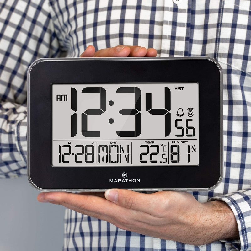 MARATHON CL030060BK Designer Atomic Wall Clock with Polished Acrylic Bezel. Displays Calendar, Indoor Temperature and Humidity. (Black) Black - LeoForward Australia