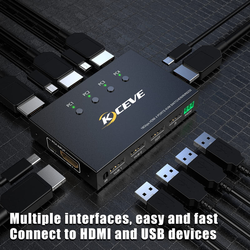  [AUSTRALIA] - KVM Switch with Serial Port Control, 4K@60Hz 4 in 1 Out HDMI KVM Switcher Box for Share Mouse Keyboard and Monitor, Can Work with Pi-kvm, Compatible with Windows/Linux/Mac System