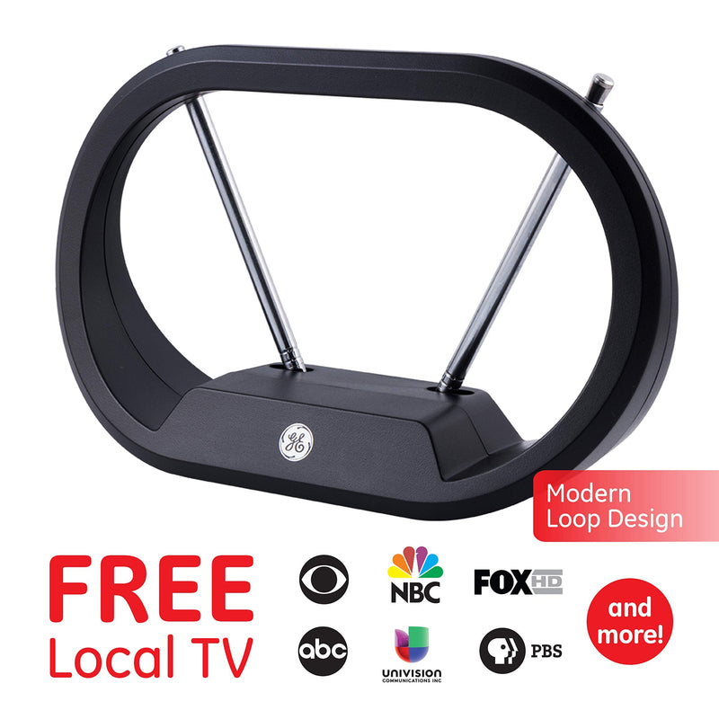  [AUSTRALIA] - GE Modern Loop Rabbit Ears Indoor TV Antenna, 15 inch Extendable Dipoles, 4K 1080P VHF UHF, Tabletop Antenna, Digital HDTV Antenna, Smart TV Compatible, 4ft Coaxial Cable, Black, 33675 Modern Loop Design