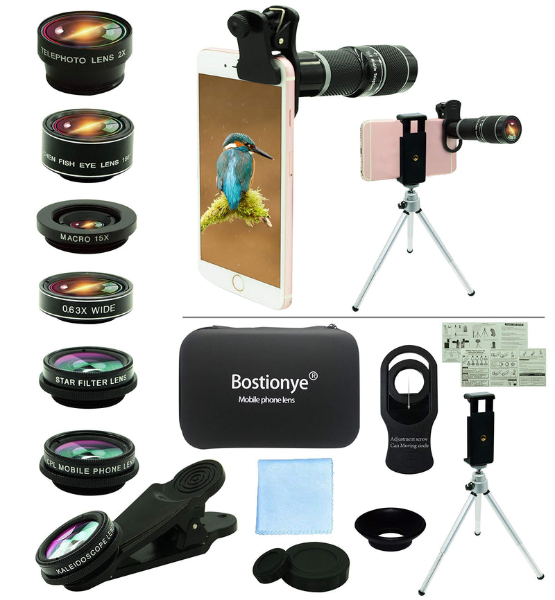  [AUSTRALIA] - Cell Phone Camera Lens Kit,11 in 1 Universal 20x Telephoto Lens,0.63Wide Angle+15X Macro+198°Fisheye+2X Telephoto+Kaleidoscope+CPL/Starlight/Eyemask/Tripod,for Most iPhone Smartphone (Black) black