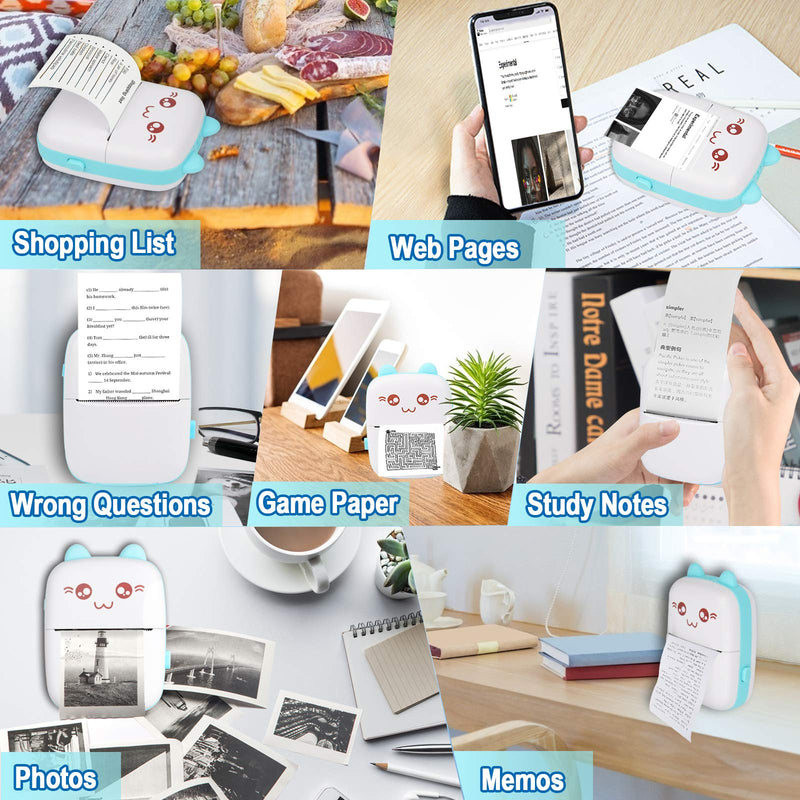  [AUSTRALIA] - Portable Printer, Mini Pocket Wireless Bluetooth Thermal Printers with 6 Rolls Printing Paper for Android iOS Smartphone, BT Inkless Printing Gift for Label Receipt Photo Notes Study Home Office, Blue