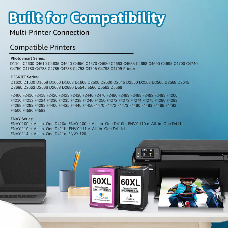  [AUSTRALIA] - 60XL Ink Cartridges Replacement for HP 60 Ink Cartridge Combo Pack Color and Black for HP 60 XL Work with PhotoSmart D110a C4680 C4780 C4795 DeskJet F4440 F4480 ENVY 100 110 120 (1 Black, 1 Tri-Color)