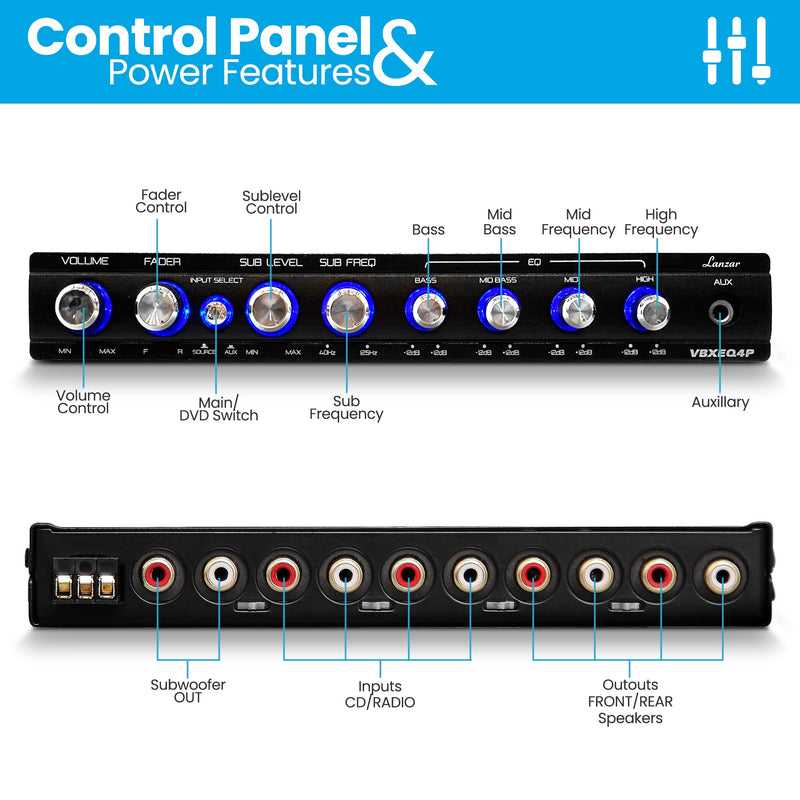  [AUSTRALIA] - 4 Band Adjustable Parametric Equalizer - 7 Volt RMS Pre-Amp Output with Subwoofer Gain Control and 3 Input Sources Selectable, Pre-amp Line Aux Inputs Via RCA & Phone Jacks - VBXEQ4P