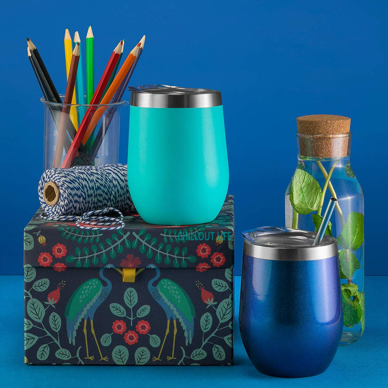  [AUSTRALIA] - CHILLOUT LIFE 12 oz Stainless Steel Tumbler with Lid & Gift Box - Wine Tumbler Double Wall Vacuum Insulated Travel Tumbler Cup for Coffee, Wine, Cocktails, Ice Cream - Sweat Free, Powder Coated Tumble Aqua Blue