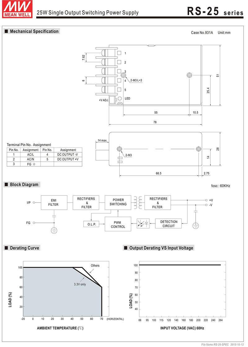 Mean Well RS-25-15 Enclosed Switching AC-to-DC Power Supply, Single Output, 15V, 1.7A, 25.5W, 1.1" H x 2.0" W x 3.0" L - LeoForward Australia