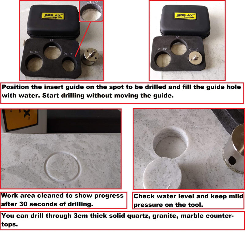 Drilax 3 Pcs Diamond Drill Bit Set Extra Tall 1-1/2" , 1-3/4" , 2" for Ceramic Porcelain Tile, Granite Quartz Countertop Hole Saws Shower, Faucet Drilling Tool 3 Pack - LeoForward Australia