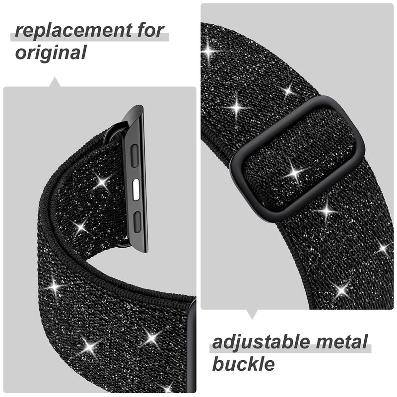 [AUSTRALIA] - Sparkly Stretchy Nylon Solo Loop Band Compatible with Apple Watch Band 38mm 40mm 42mm 44mm,Adjustable Braided Sport Women iWatch Series 6 5 4 3 2 1 SE Black 38/40mm