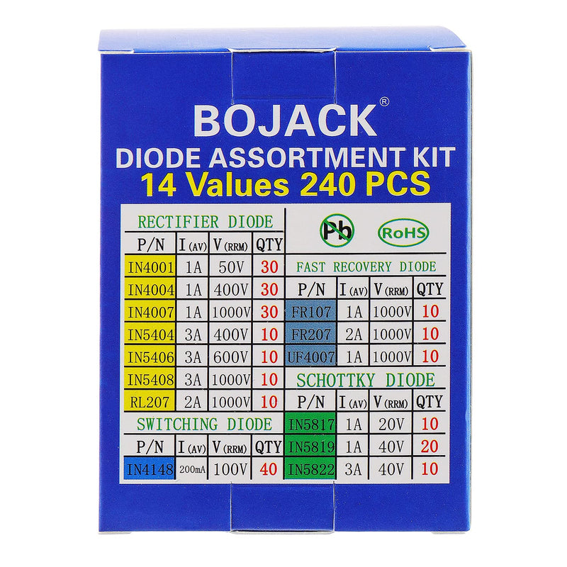  [AUSTRALIA] - BOJACK 14 Value 240 pcs Diode Assortment Kit Contain Rectifier/Fast Recovery/Schottky/Switching Diode 1N4001 1N4004 1N4007 1N5404 1N5406 1N5408 RL207 FR107 FR207 UF4007 1N5817 1N5819 1N5822 1N4148