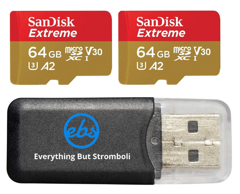  [AUSTRALIA] - SanDisk Extreme 64GB (2 Pack) MicroSD Memory Card for DJI Mavic Mini 2, Mavic Mini, Mavic Air 2 Drone - C10 A2 V30 SDXC (SDSQXAH-064G-GN6MN) Bundle with (1) Everything But Stromboli Micro Card Reader