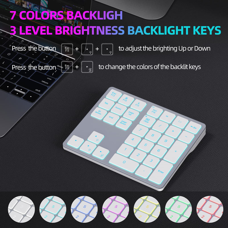  [AUSTRALIA] - Doohoeek Backlit Bluetooth Numeric Keypad for Laptops and Computers, Number Pads 34 Keys with 7-Color Backlight for MacBook & Windows, Silver White