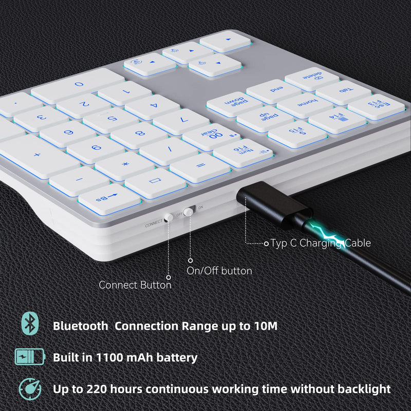  [AUSTRALIA] - Doohoeek Backlit Bluetooth Numeric Keypad for Laptops and Computers, Number Pads 34 Keys with 7-Color Backlight for MacBook & Windows, Silver White
