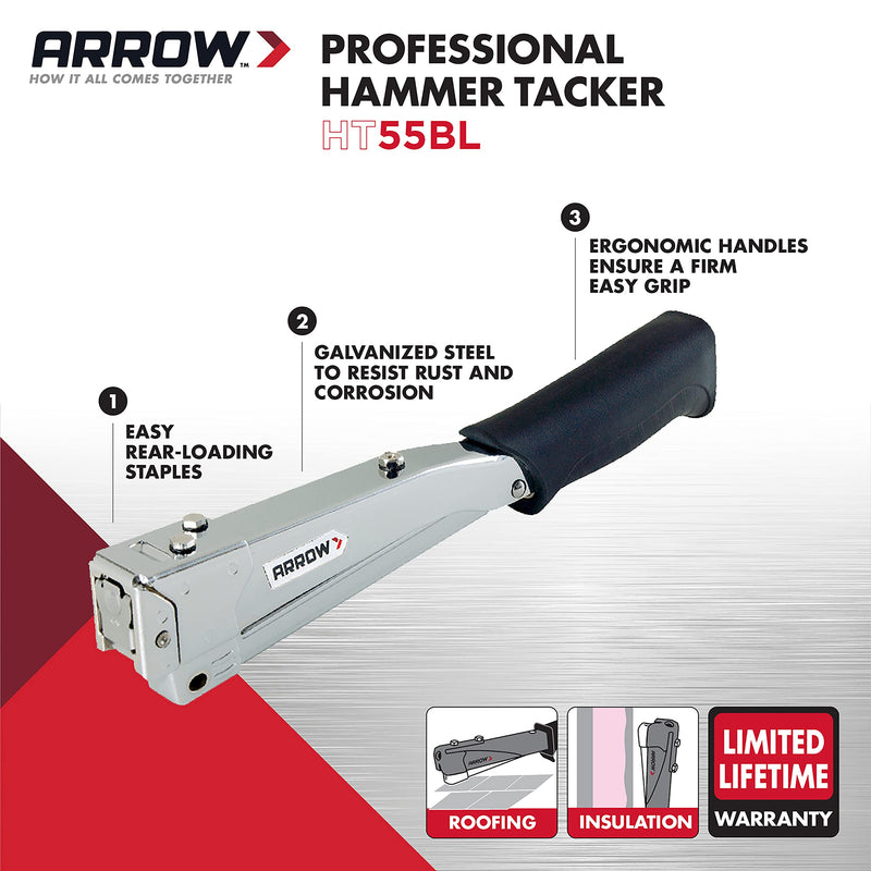 [AUSTRALIA] - Arrow HT55BL Hammer Tacker, Manual Stapler for Construction and Insulation, Ergonomic Grip Handle, Dual-Capacity Rear-Load Magazine, Fits 1/4”, 5/16", or 3/8" Staples