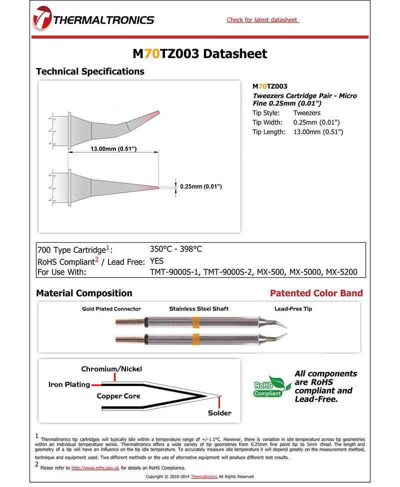  [AUSTRALIA] - Thermaltronics M70TZ003 Tweezers Cartridge Pair - Micro Fine 0.25mm (0.01in)