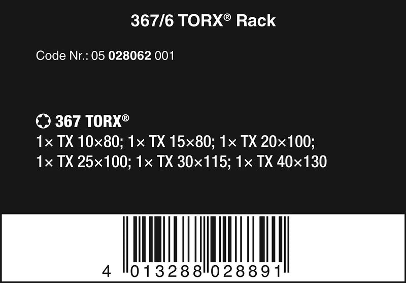  [AUSTRALIA] - Wera 05028062001 Kraftform Plus 367/6 Torx Screwdriver Set and Rack, 6-Piece,MULTI,TX10x80mm, TX15x80mm, TX20x100mm, TX25x100mm, TX30x115mm, TX40x140mm TX10x80mm, TX15x80mm, TX20x100mm, TX25x100mm, TX30x115mm, TX40x140mm