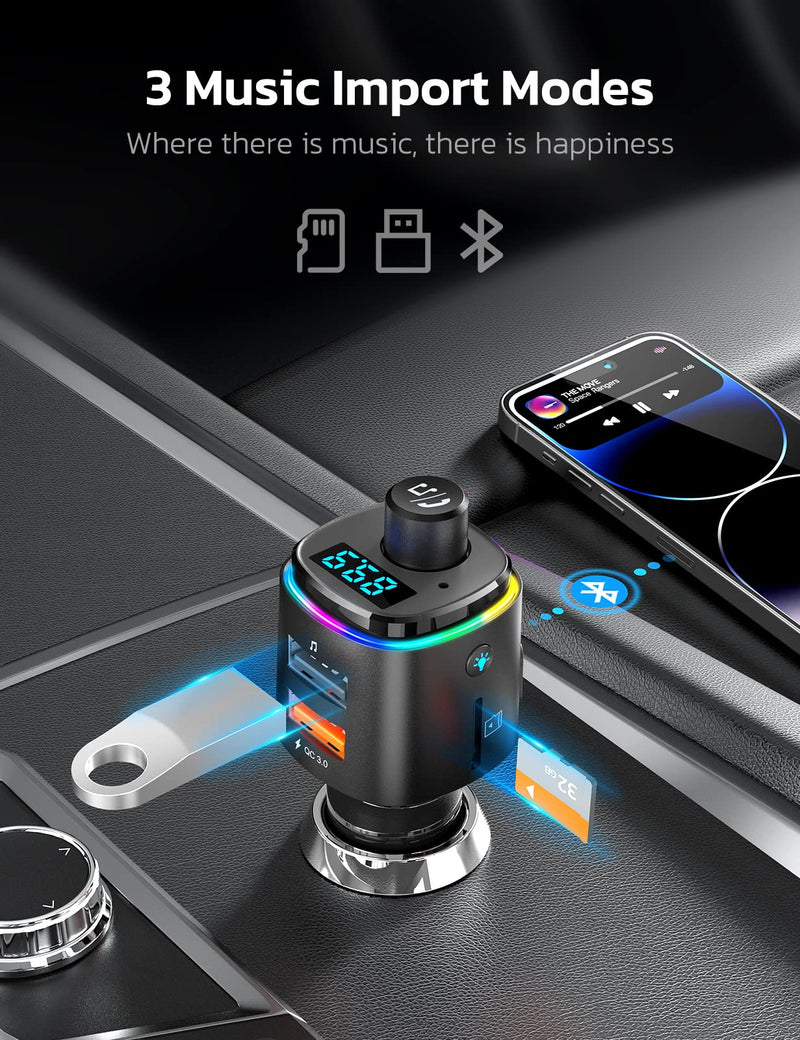  [AUSTRALIA] - Nulaxy Bluetooth FM Transmitter for Car, 7 Color LED Backlit Bluetooth Car Adapter with QC3.0 Charging, USB Flash Drive, microSD Card, Handsfree Car Kit (B- Black)