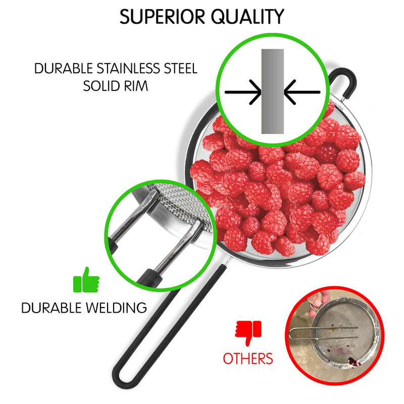  [AUSTRALIA] - FGS Kitchen Stainless Steel Strainers - Fine Mesh Strainers with Non-Slip Handles and Hanging Ears – 4 Sizes Premium Fine Sieve Set for Straining, Sieving, Sifting, Filtering and Rinsing