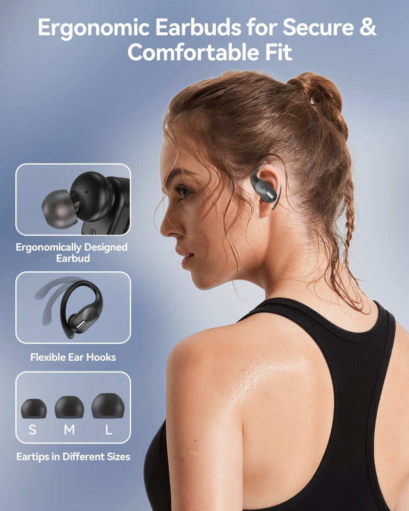  [AUSTRALIA] - Bluetooth Headphones Wireless Earbuds with Wireless Charging Case 48hrs Playtime LED Digital Display Deep Bass Sound Earphones with Built in Mic and Over Earhooks Waterproof Headset for Sports Orancu Black