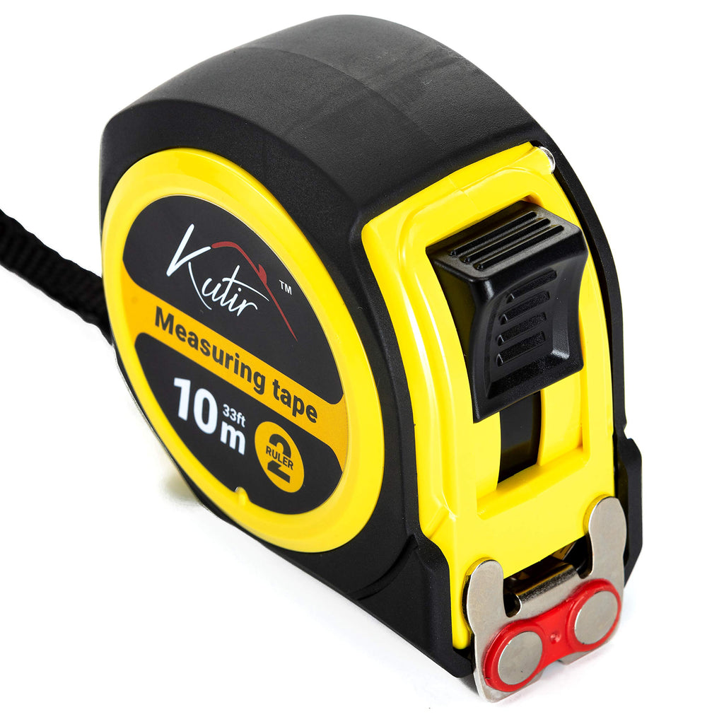  [AUSTRALIA] - 33 Foot (10M) Measuring Tape by Kutir - Easy to Read Both Side Dual Ruler, Retractable, Heavy Duty, Magnetic Hook, Metric, Inches and Imperial Measurement, Shock Absorbent Rubber Case