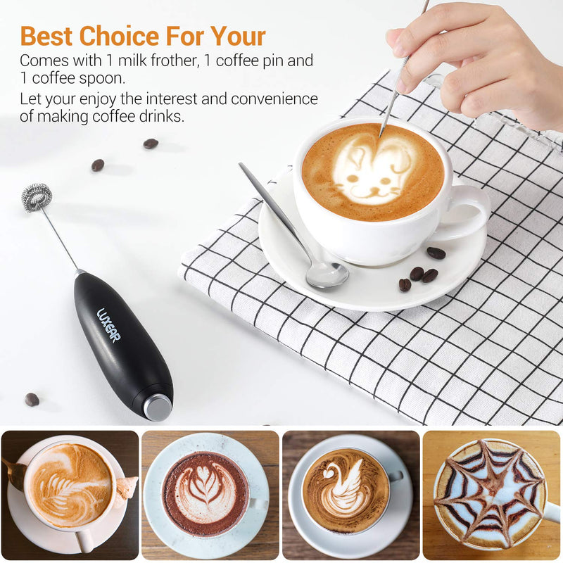  [AUSTRALIA] - LUXEAR One Touch Milk Frother Handheld, Battery Operated Electric Hand Foamer Blender for Lattes, Whisk Drink Mixer for Coffee, Cappuccino, Frappe, Hot Chocolate with Stainless Steel Stand - Black