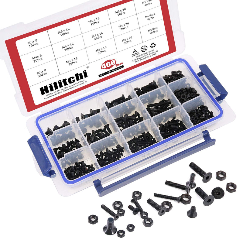  [AUSTRALIA] - Hilitchi 460-Pcs M3 M4 M5 Hex Socket Flat Head Countersunk Bolts Screw Nut Assortment Kit - 10.9 Grade Alloy Steel Flat Head Hex Socket