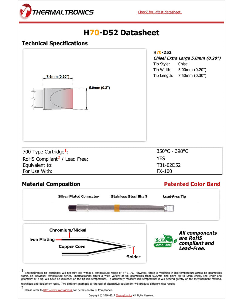  [AUSTRALIA] - Thermaltronics H70-D52 Chisel Extra Large 5.0mm (0.20in) interchangeable for Hakko T31-02D52