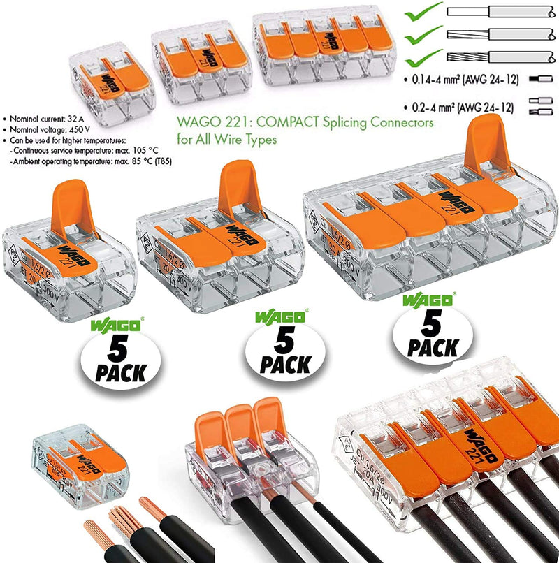 Wago 2 Port (5) 3 Port (5) 5 Port (5) 221 Splicing Connector, Lever-Nut Assortment Pocket Pack for All Wire 12-24 AWG 15 - LeoForward Australia