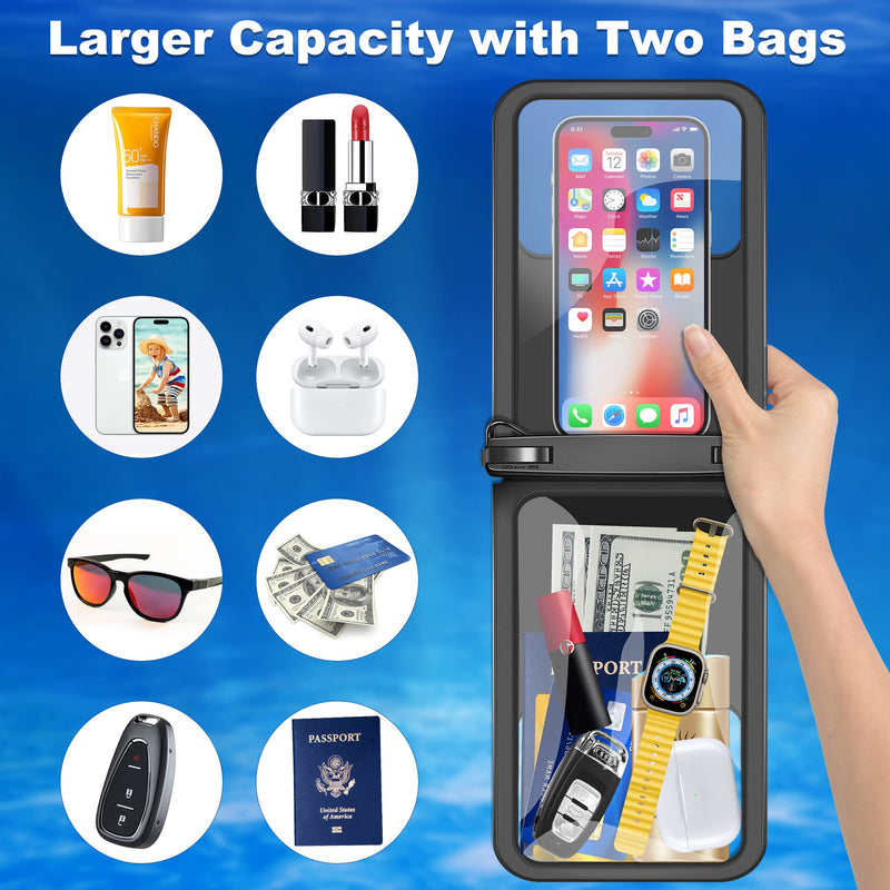  [AUSTRALIA] - takyu Waterproof Phone Pouch, Double Space Waterproof Phone Bag Case Large Capacity Underwater Protector Dry Bag with Crossbody Lanyard Fits Up to 9.8" Cell Phone for Vacation Beach Swimming 2 Pack