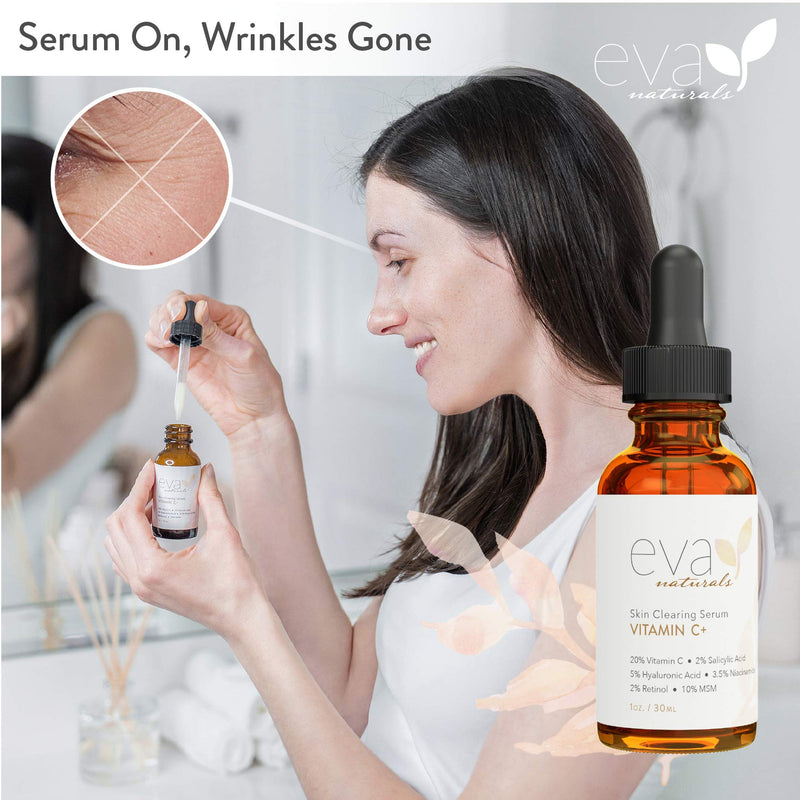 Eva Naturals Vitamin C Serum Plus 2% Retinol, 3.5% Niacinamide, 5% Hyaluronic Acid, 2% Salicylic Acid, 10% MSM, 20% Vitamin C - Skin Clearing Serum - Anti-Aging Skin Repair, Face Serum (1 oz) 1 Ounce (Pack of 1) - LeoForward Australia