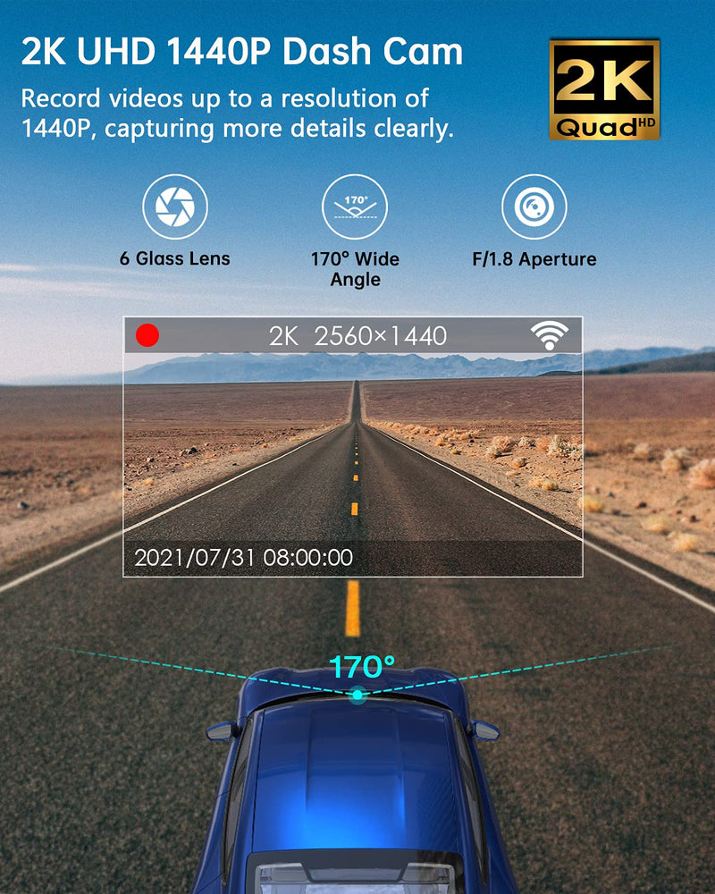 [AUSTRALIA] - Dash Cam 2K WiFi 1440P Car Camera, Dash Camera for Cars, Front Dashcam for Cars with Super Night Vision, WDR, Loop Recording, G-Sensor, 24 Hours Parking Monitor, APP, Support 128GB Max