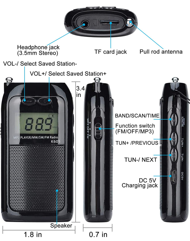  [AUSTRALIA] - HanRongDa Portable Radio FM AM Shortwave Walkman with Speaker and Backlit, MP3 Player Support TF Card, Stereo Pocket Radios with 500mAh Battery for Walking, Camping, Mowing and Traveling HRD-605