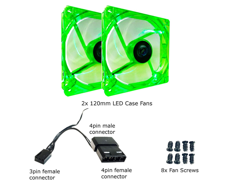  [AUSTRALIA] - Apevia AF212L-GN 120mm 4pin Molex + 3pin Motherboard Silent Green LED Case Fan (2-pk)