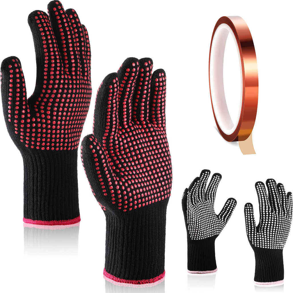  [AUSTRALIA] - 4 Pieces Heat Resistant Glove with Silicone Bumps 1 Roll Heat-resistant Adhesive Tape Heat Proof Gloves White, Rose Red