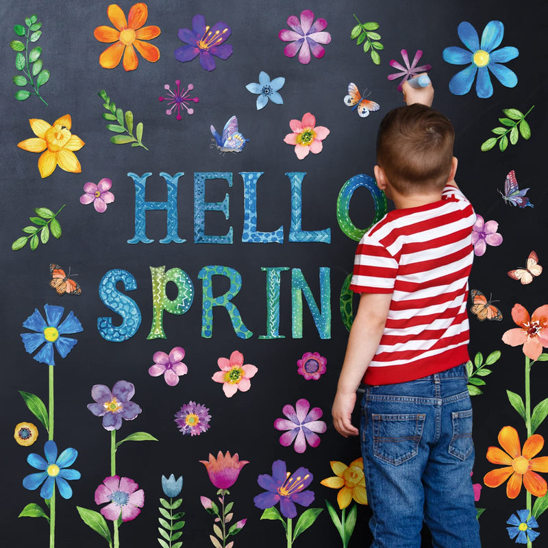  [AUSTRALIA] - Whaline 47Pcs Hello Spring Cut-Outs Spring Floral Cut Outs with 100Pcs Glue Points Colorful Flower Plants Paper Patterned Cut-Outs Bulletin Board Decoration for School Classroom Game Party Supplies