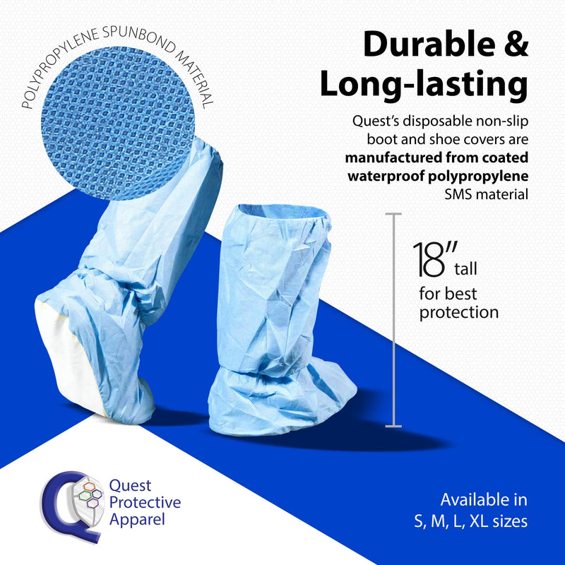  [AUSTRALIA] - Quest Traction Disposable Boot and Shoe Covers - 18" Tall Non-Slip Protectors - Water and Skid Resistant Boot Covers - Hazmat Shoe Covers - Blue, Medium, 3 Pairs