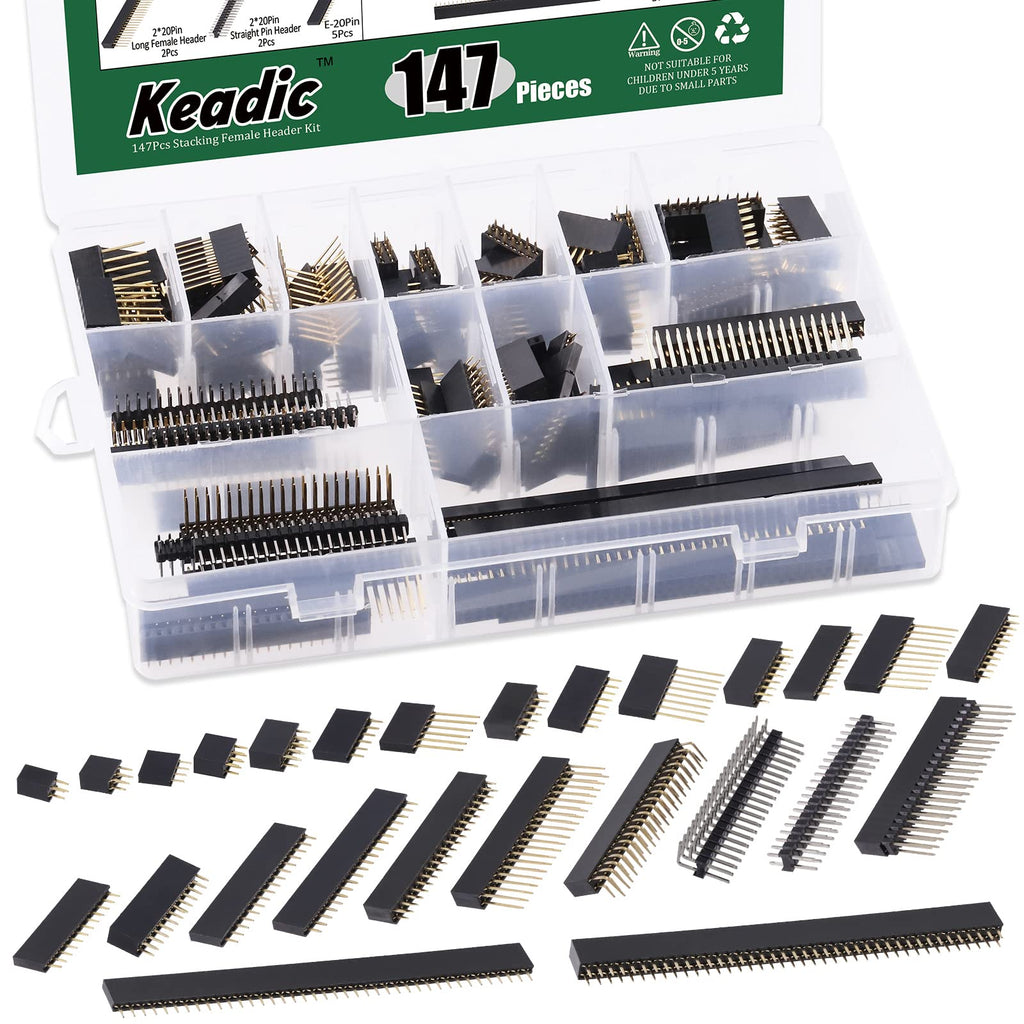  [AUSTRALIA] - Keadic 147Pcs 26 Type 2.54mm Stacking Female Header Assortment Kit Extra Tall Straight Single Dual Row Pin Header Connector for PCB Circuit Board