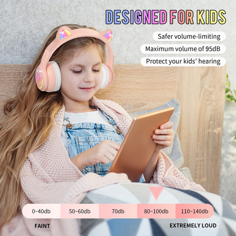  [AUSTRALIA] - Cat Ear Headphones for Children IFECCO Cute Bluetooth Wireless Headset On-Ear with Led Light Up for Kids Girls Boys School Travel (Pink) Pink
