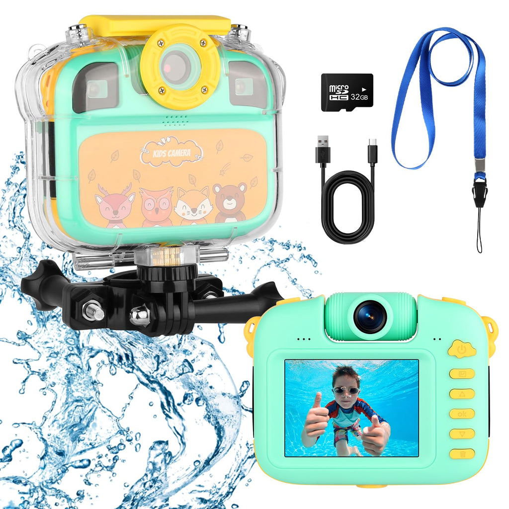  [AUSTRALIA] - 1080P Kids Camera, Underwater Kids Waterproof Camera Kids Digital Camera Gifts for Boys Girls Age 3-13 HD Mini Children Camcorder 2.4 Inch IPS Screen with 32GB Card and Soft Silicone Case