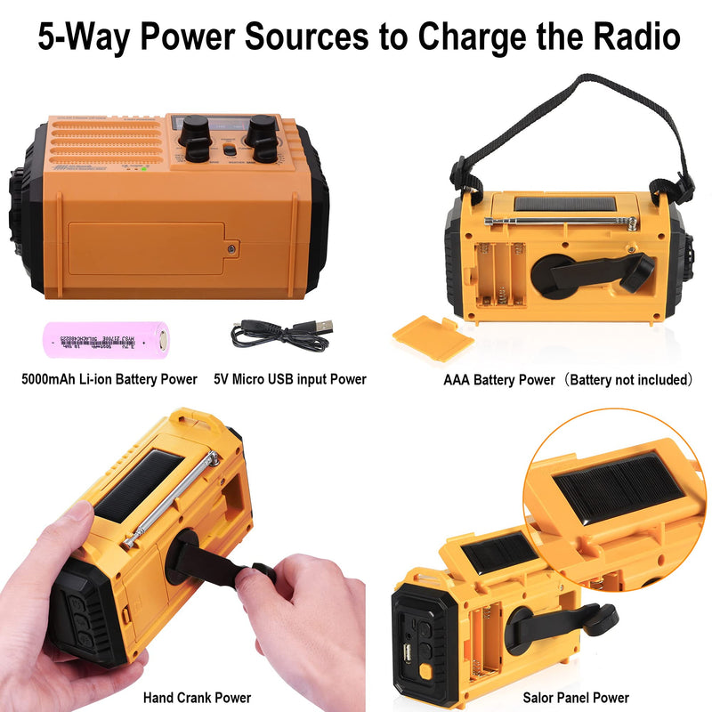 Emergency Radio with NOAA Weather Alert, Rechargeable 5000mAh Battery Operated Solar Hand Crank Radio, Outdoor Portable AM FM SW Radio with USB Charger, Flashlight,Reading Lamp, SOS Alarm for Survival Yellow - LeoForward Australia