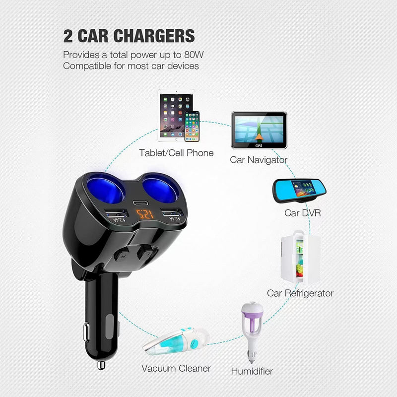  [AUSTRALIA] - USB C Car Charger, 2 Sockets Cigarette Lighter Splitter 12/24V 80W Dual USB Type-C Ports Separate Switch LED Voltage Display Built-in Replaceable 10A Fuse Compatible Mobile Cell Phone GPS Dash Cam