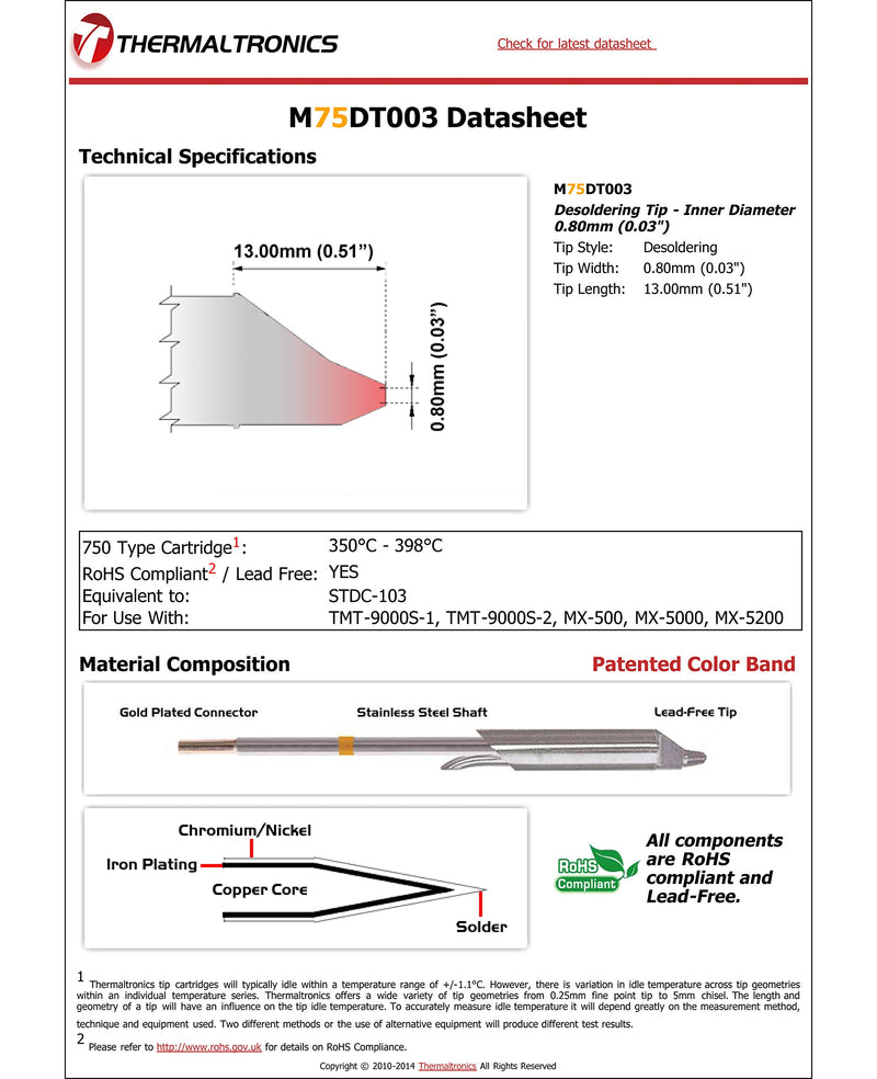  [AUSTRALIA] - Thermaltronics M75DT003 Desoldering Tip - Inner Diameter 0.80mm (0.03in) interchangeable for Metcal STDC-103