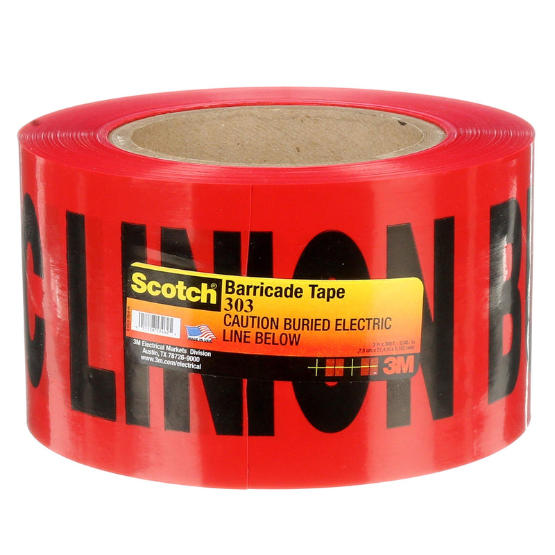  [AUSTRALIA] - 3M Scotch Buried Barricade Tape 303, with "CAUTION BURIED ELECTRIC LINE BELOW" text, 3 in x 300 ft, Red, Warning Tape, Pack of 1 Roll