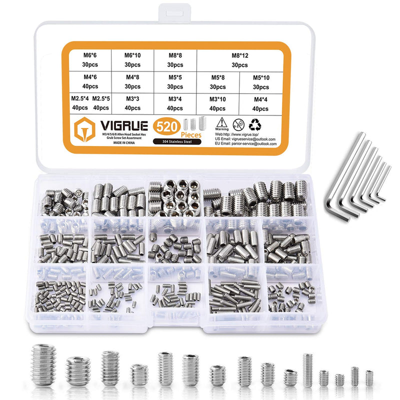  [AUSTRALIA] - VIGRUE 520Pcs M2.5/M3/M4/M5/M6/M8 Hex Allen Head Socket Set Screw Bolts Assortment Kit Grub Screw with Internal Hex Drive, 304 Stainless Steel (Metric) M2.5 to M8