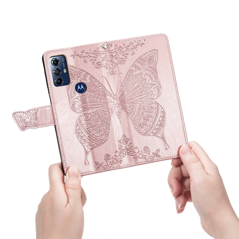  [AUSTRALIA] - DiGPlus for Motorola Moto G Play 2023 Wallet Case, [Butterfly & Flower Embossed] Leather Wallet Case Flip Protective Phone Cover with Card Slots and Kickstand for Moto G Play (Rose Gold) Rose Gold