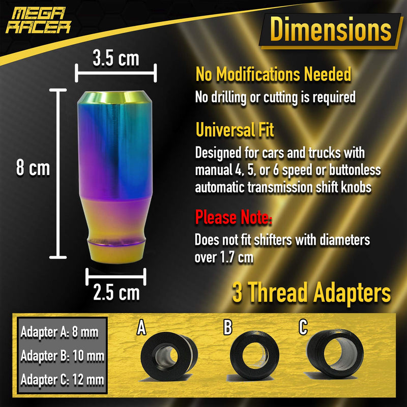  [AUSTRALIA] - Mega Racer Neo Chrome Rainbow Aluminum Shift Knob for Buttonless Automatic and 4, 5 and 6 Speed Manual Transmission Vehicles