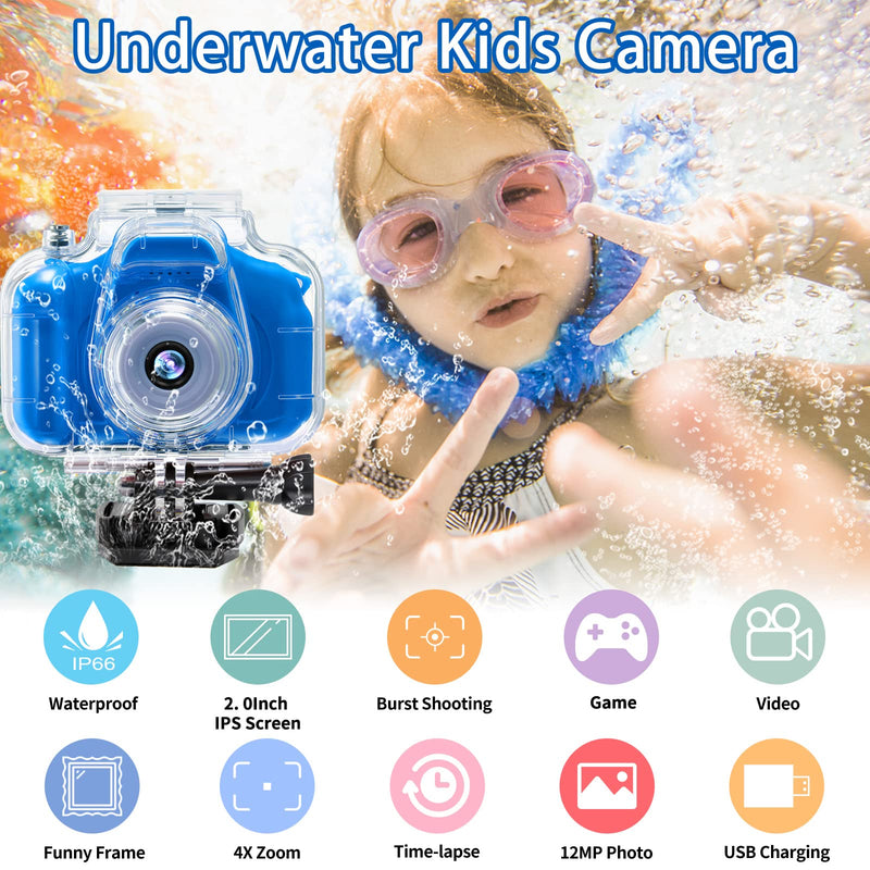  [AUSTRALIA] - Kids Camera Waterproof Underwater Camera for 3-12 Year Old Boys Girls 2 Inch IPS Screen 1080P HD Digital Kids Video Camera Indoor Outdoor Action Cameras Best Christmas Birthday Gifts Dark Blue