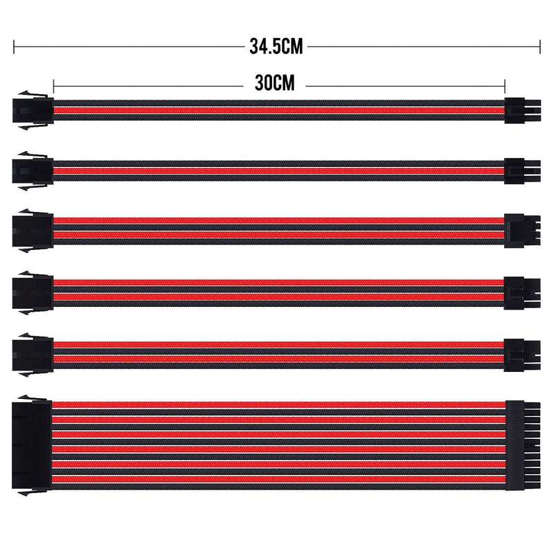  [AUSTRALIA] - Smraza Sleeved Cable Extension Kit for Power Supply with Extra Sleeved, PSU Connectors, 24-Pin 8-Pin 6-Pin 4+4-Pin with Cable Combs(11.8 inch/ 30cm) (Red & Black) Red & Black